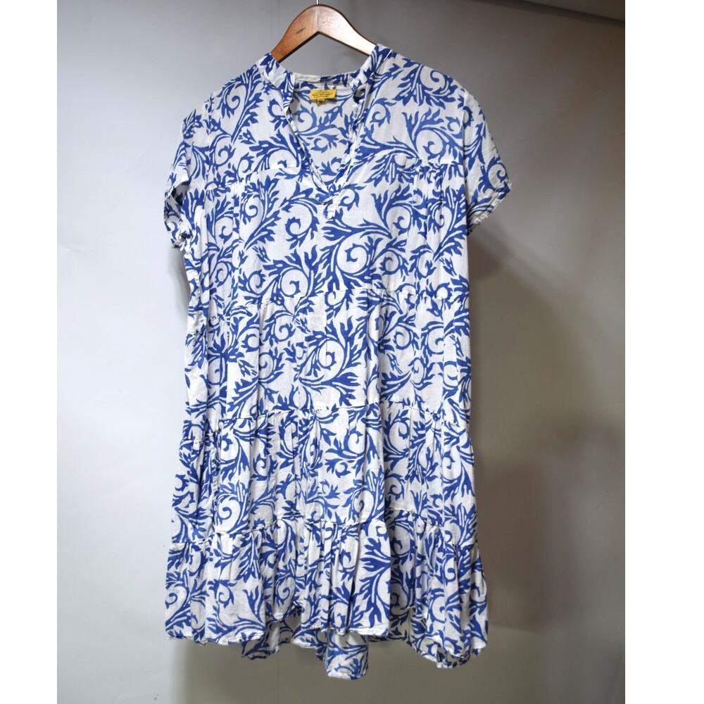 Roberta Roller Rabbit Blue White Floral Vine Print Tiered Mini Dress M